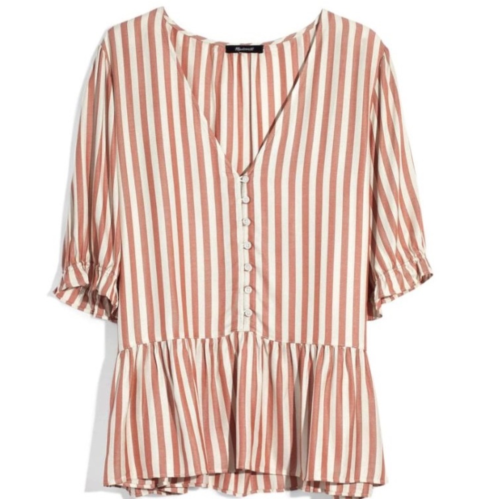 Madewell Peplum Striped Pink/Cream Blouse XL